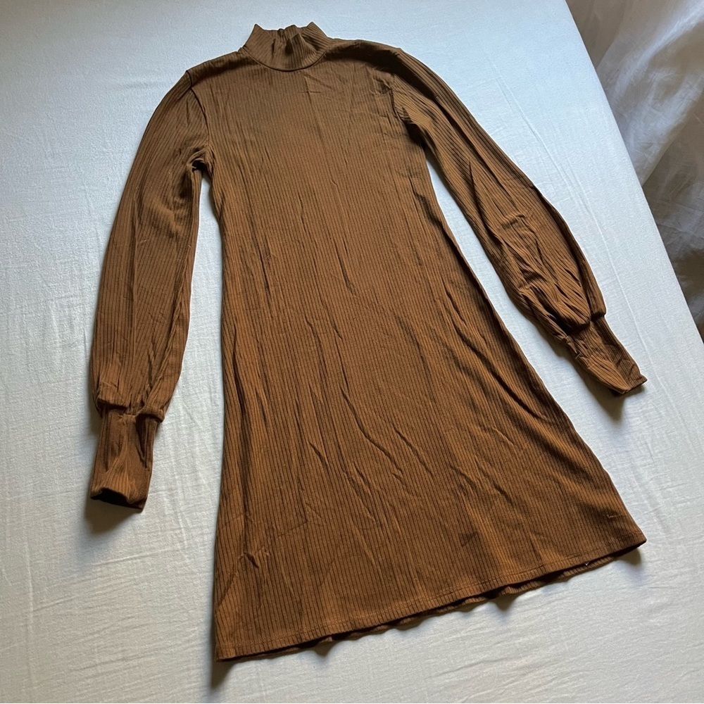 Reformation brown rib knit mock neck‎ puff long sleeve mini dress
